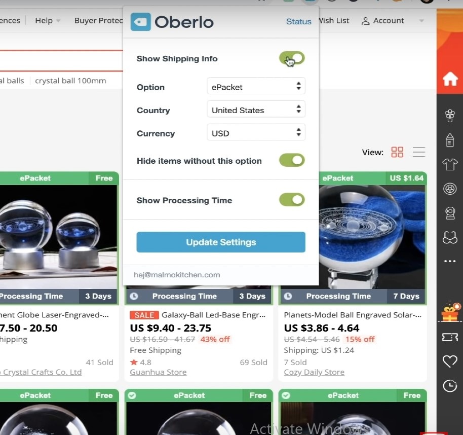 Oberlo Chrome extension